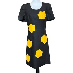 Vintage Club France Dress Size 8 Black Linen Star Floral Print Sheath Retro